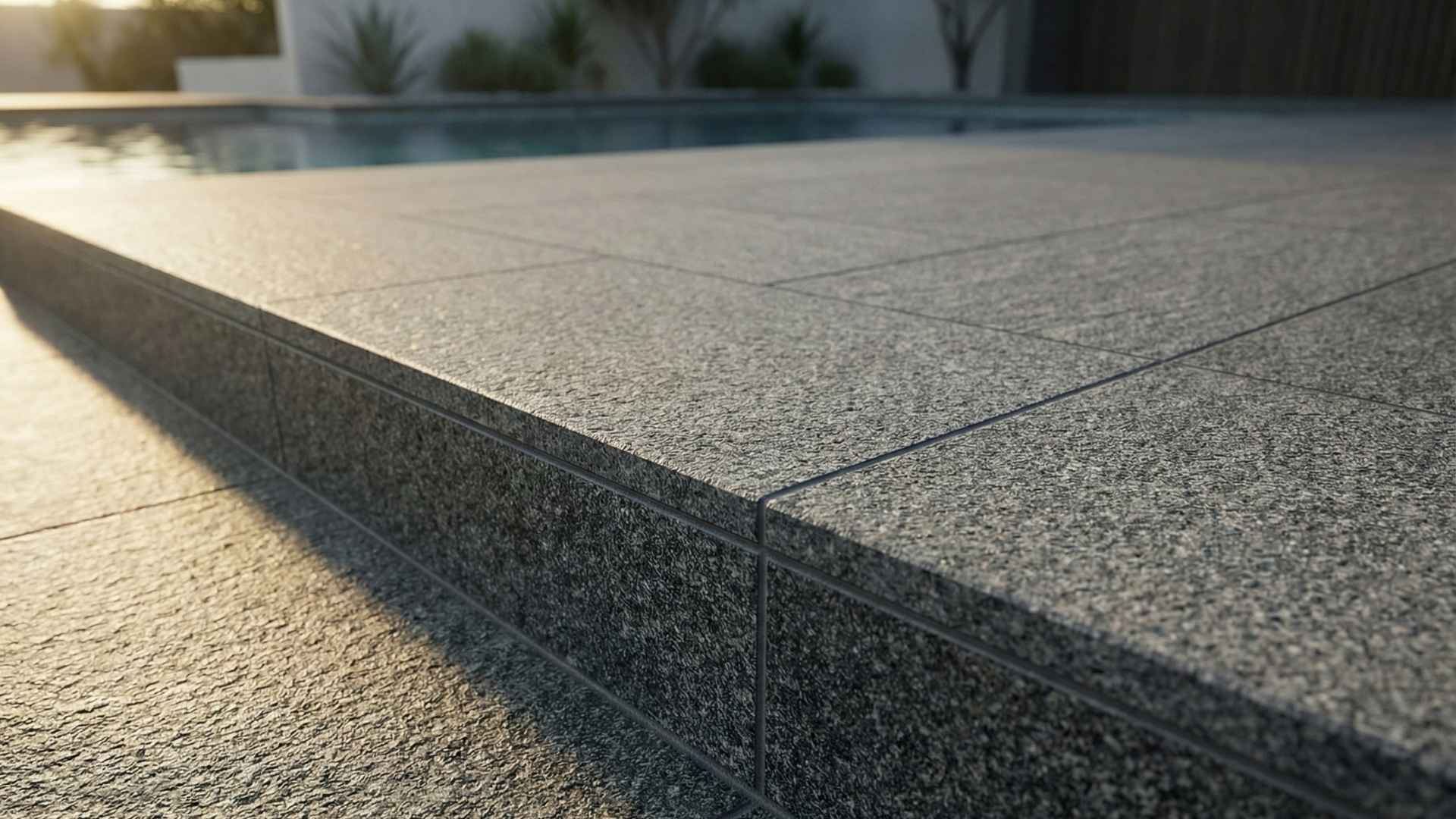 Modern dark poolside with Vulcana flamed look pavers